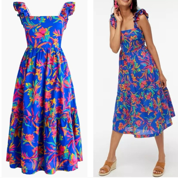 J. Crew Colorful Tropical Square Neck Ruffled Midi Smocked Cotton Dress 4 NWT - Picture 2 of 14